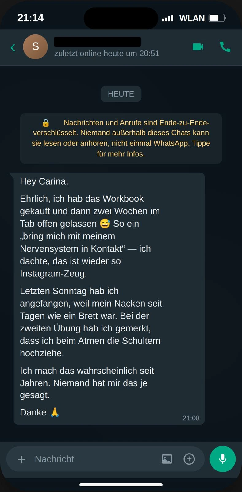 Rückmeldung einer Klientin – WhatsApp-Verlauf