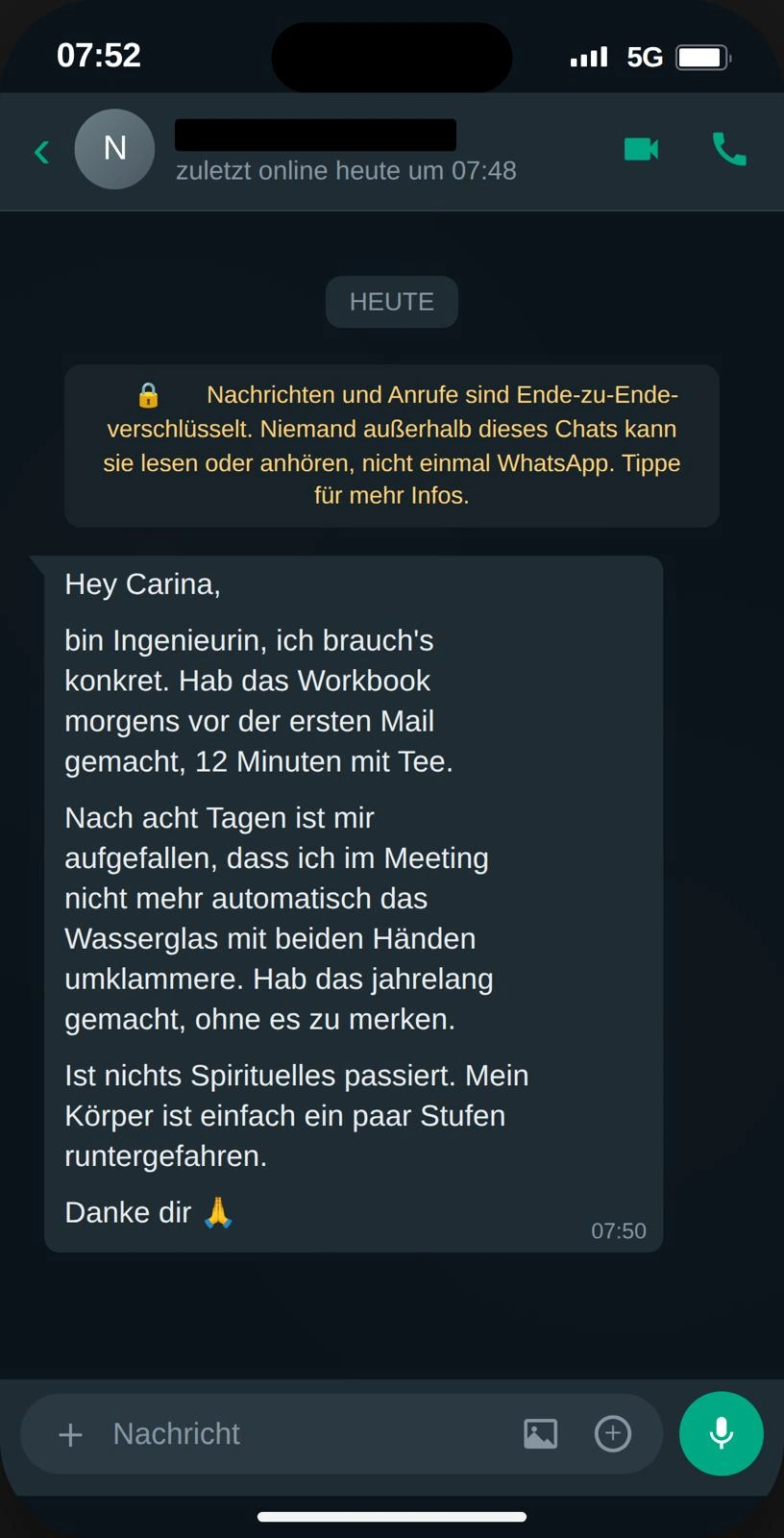 Rückmeldung einer Klientin – WhatsApp-Verlauf