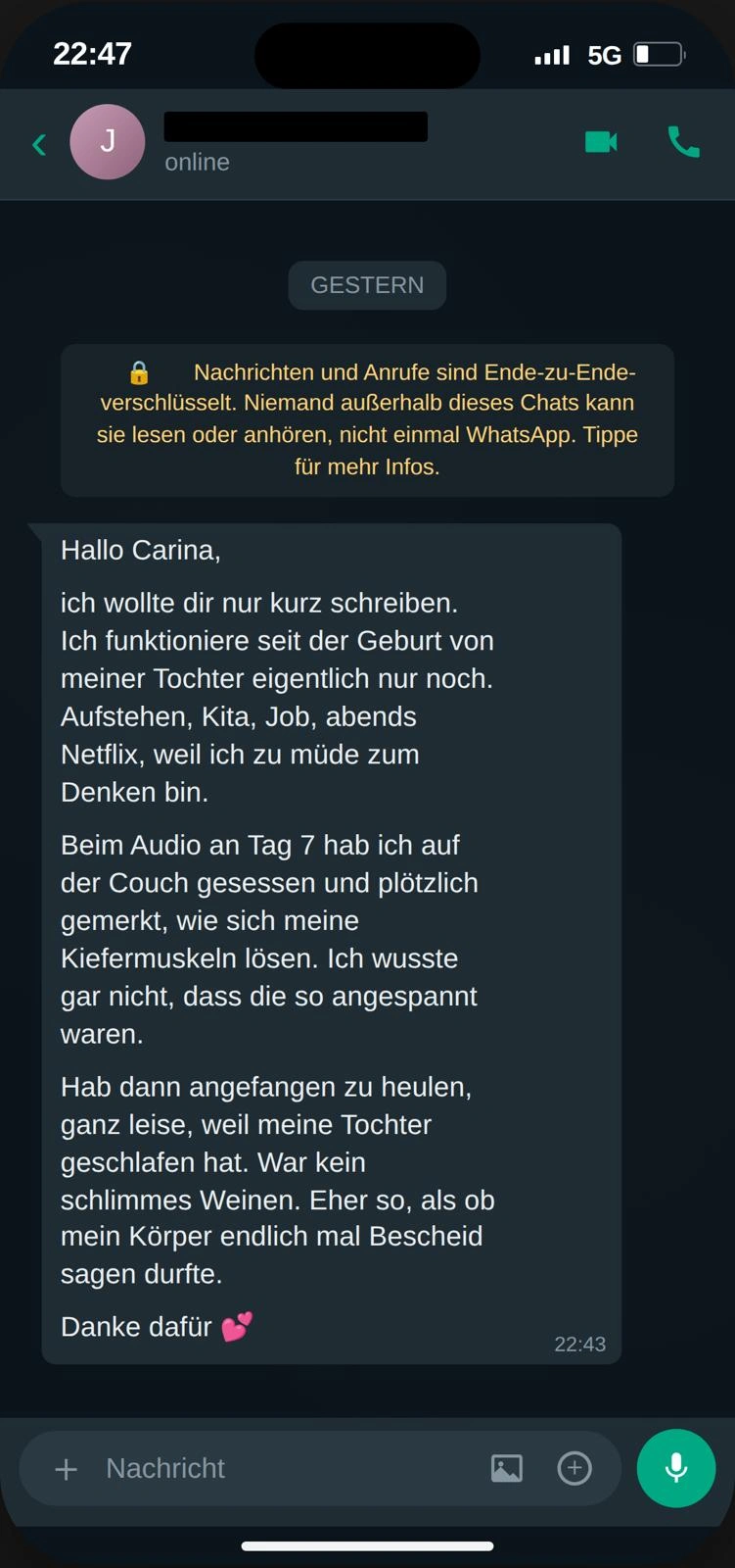 Rückmeldung einer Klientin – WhatsApp-Verlauf
