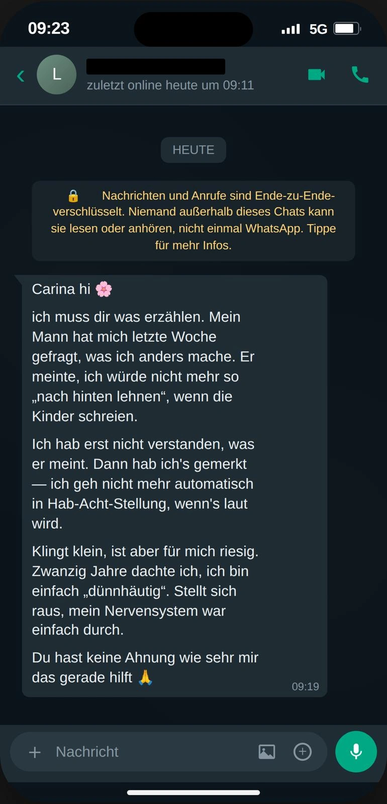 Rückmeldung einer Klientin – WhatsApp-Verlauf